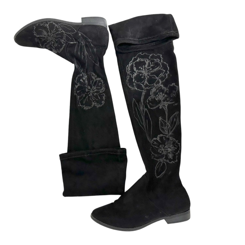 Express Black Floral Embroidered Over-the-Knee Boots Size 7